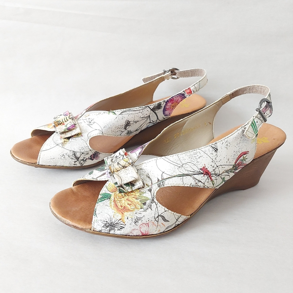 Rieker Women Floral Buckle Open-Toe Wedge Sandals 41 EU Retro Chic Slingback